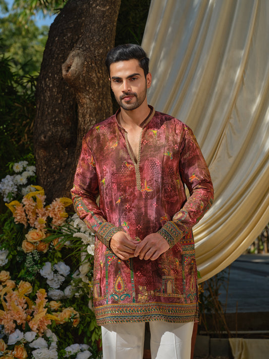 Men’s Maroon Tissue Kurta–Bottom Set with Zari Position Print