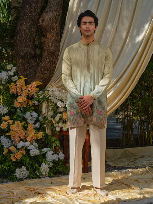 Pista-Sky Shimmer Tissue Kurta–Bottom Set with Ombre Effect & Multicolour Thread Work Embroidery