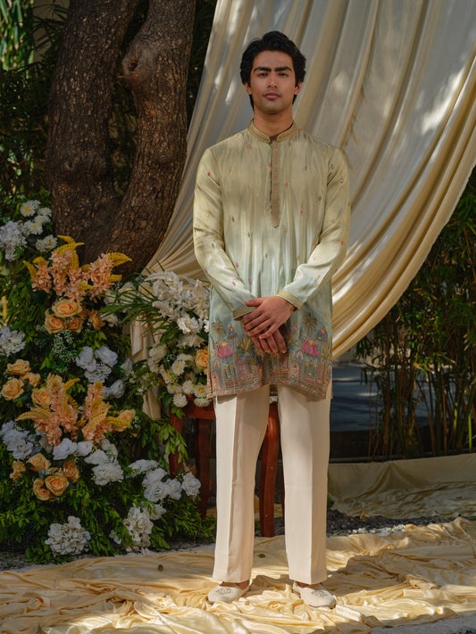 Men’s Pista-Sky Shimmer Tissue Kurta–Bottom Set with Ombre Effect & Multicolour Thread Work Embroidery