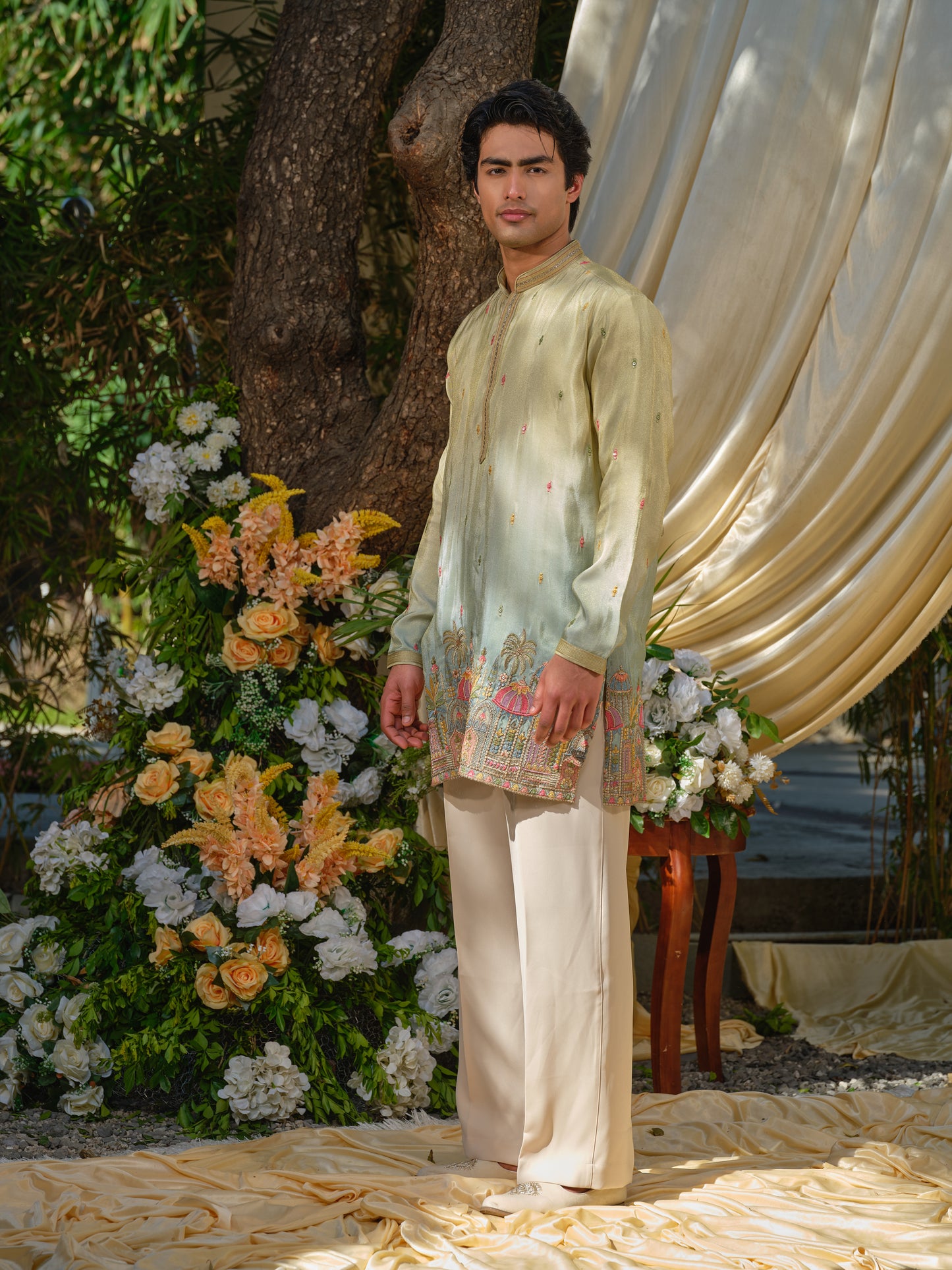 Pista-Sky Shimmer Tissue Kurta–Bottom Set with Ombre Effect & Multicolour Thread Work Embroidery