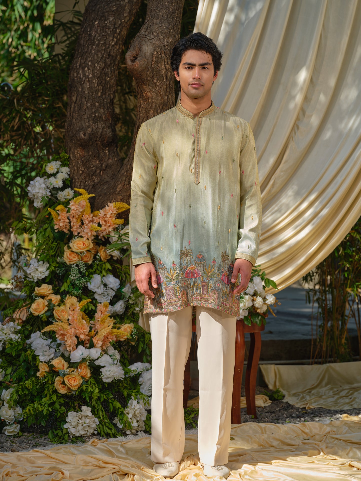 Pista-Sky Shimmer Tissue Kurta–Bottom Set with Ombre Effect & Multicolour Thread Work Embroidery