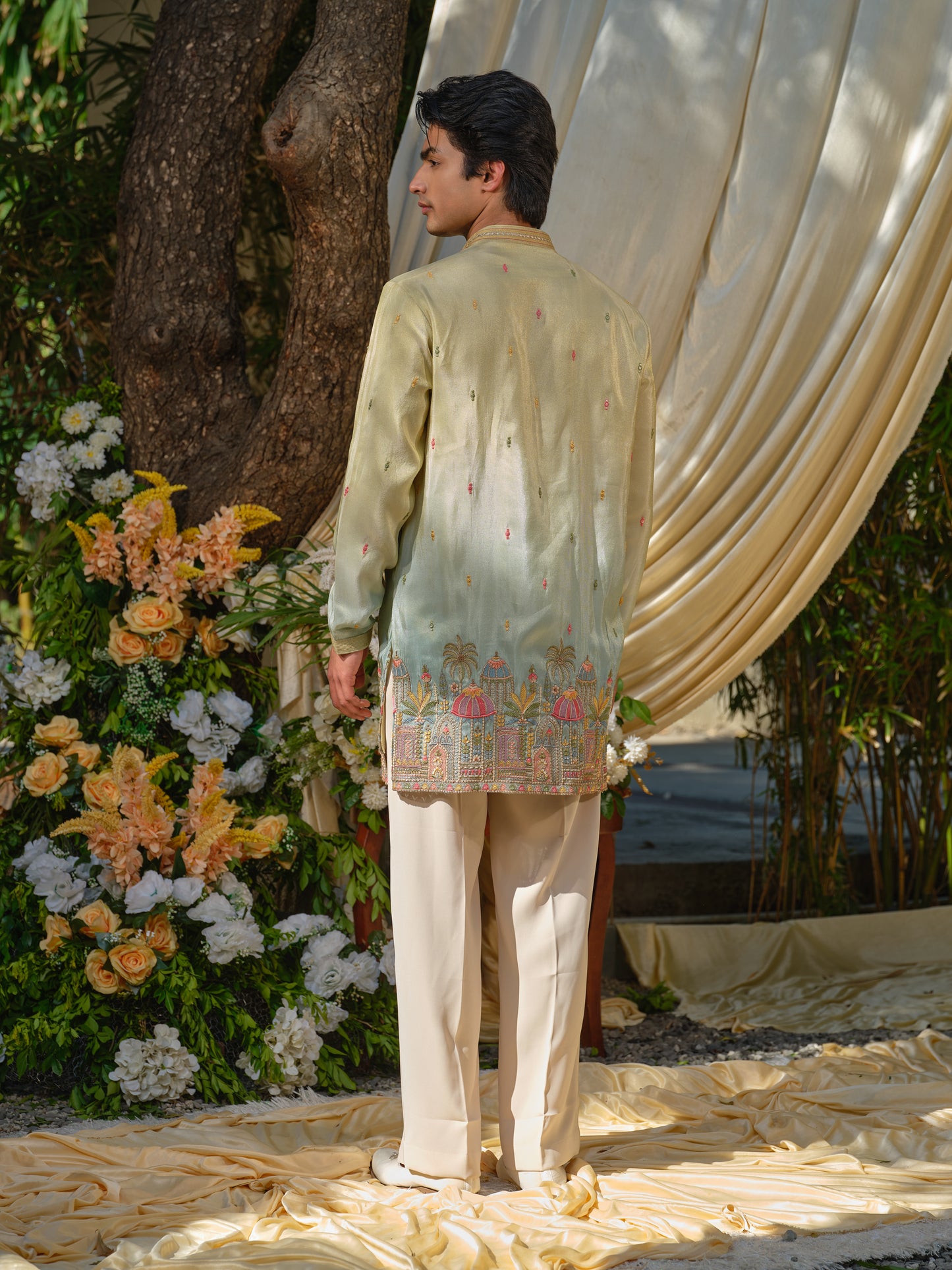 Pista-Sky Shimmer Tissue Kurta–Bottom Set with Ombre Effect & Multicolour Thread Work Embroidery