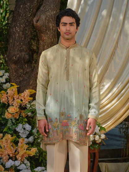 Pista-Sky Shimmer Tissue Kurta–Bottom Set with Ombre Effect & Multicolour Thread Work Embroidery