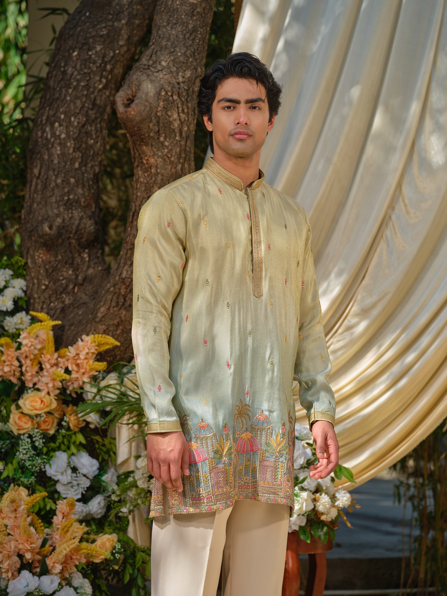 Pista-Sky Shimmer Tissue Kurta–Bottom Set with Ombre Effect & Multicolour Thread Work Embroidery