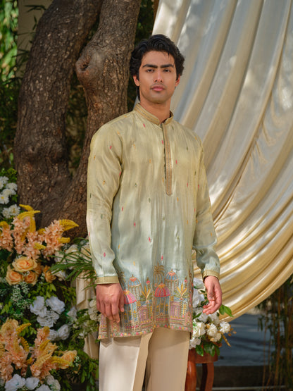 Pista-Sky Shimmer Tissue Kurta–Bottom Set with Ombre Effect & Multicolour Thread Work Embroidery