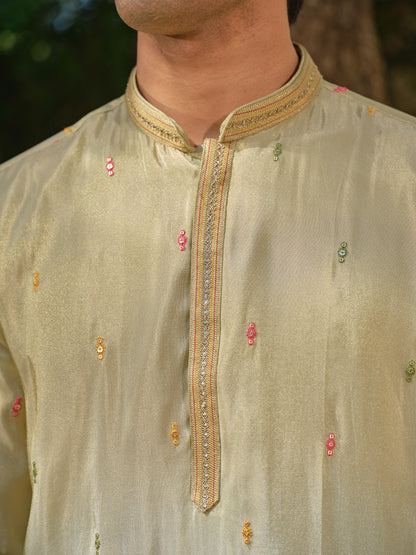 Pista-Sky Shimmer Tissue Kurta–Bottom Set with Ombre Effect & Multicolour Thread Work Embroidery