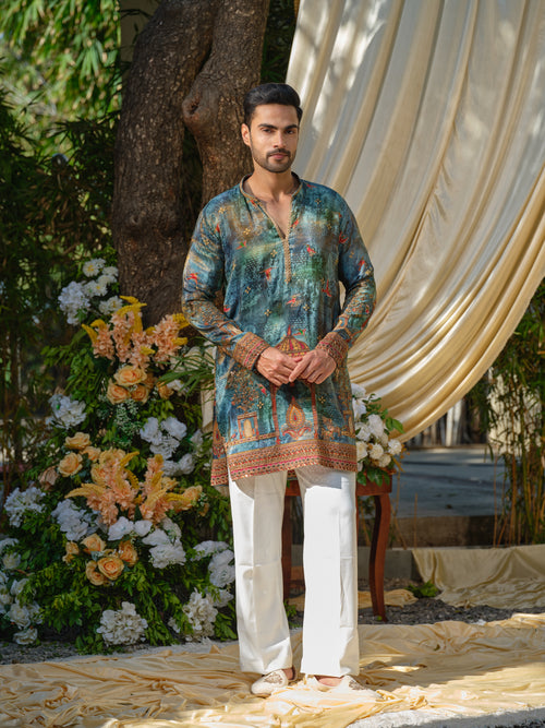 Teal Tissue Kurta–Bottom Set with Zari Position Print