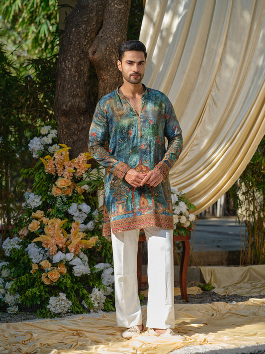 Men’s Teal Tissue Kurta–Bottom Set with Zari Embroidery & Position Print