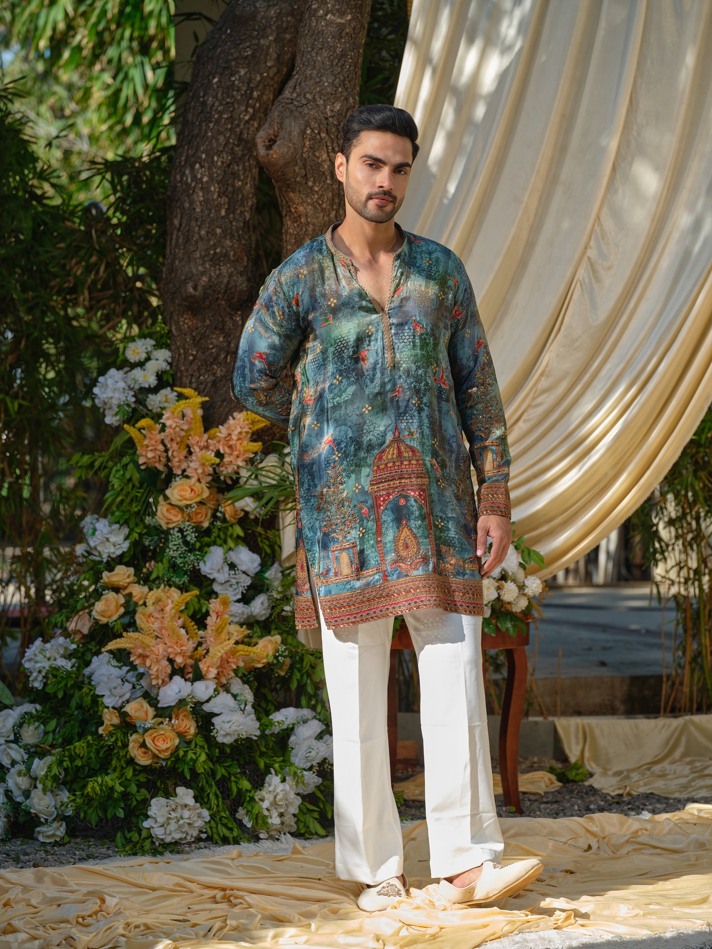 Teal Tissue Kurta–Bottom Set with Zari Position Print