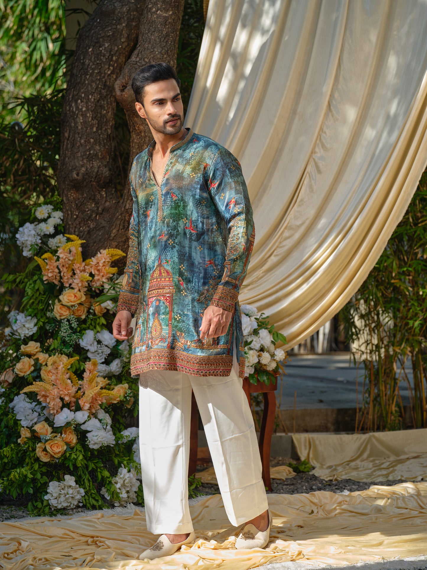 Teal Tissue Kurta–Bottom Set with Zari Position Print