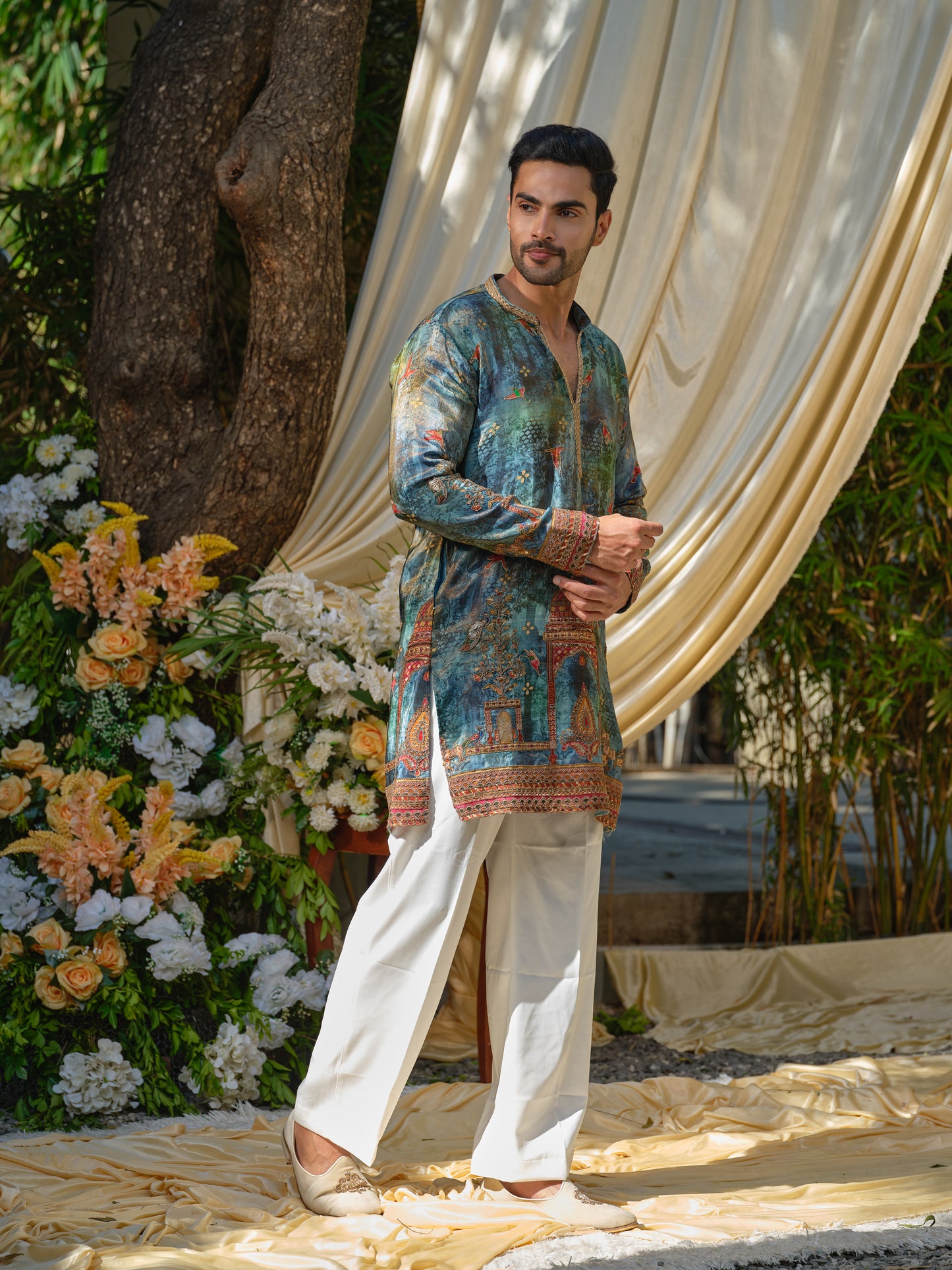 Teal Tissue Kurta–Bottom Set with Zari Position Print