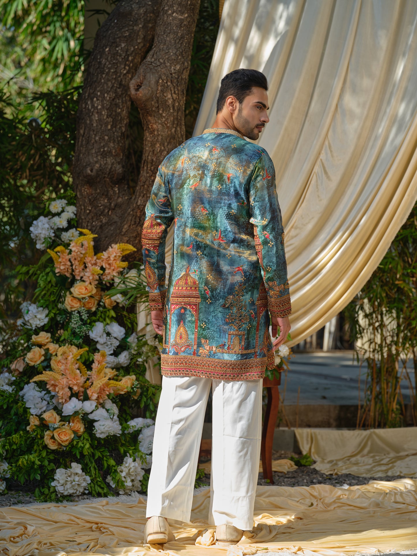 Teal Tissue Kurta–Bottom Set with Zari Position Print