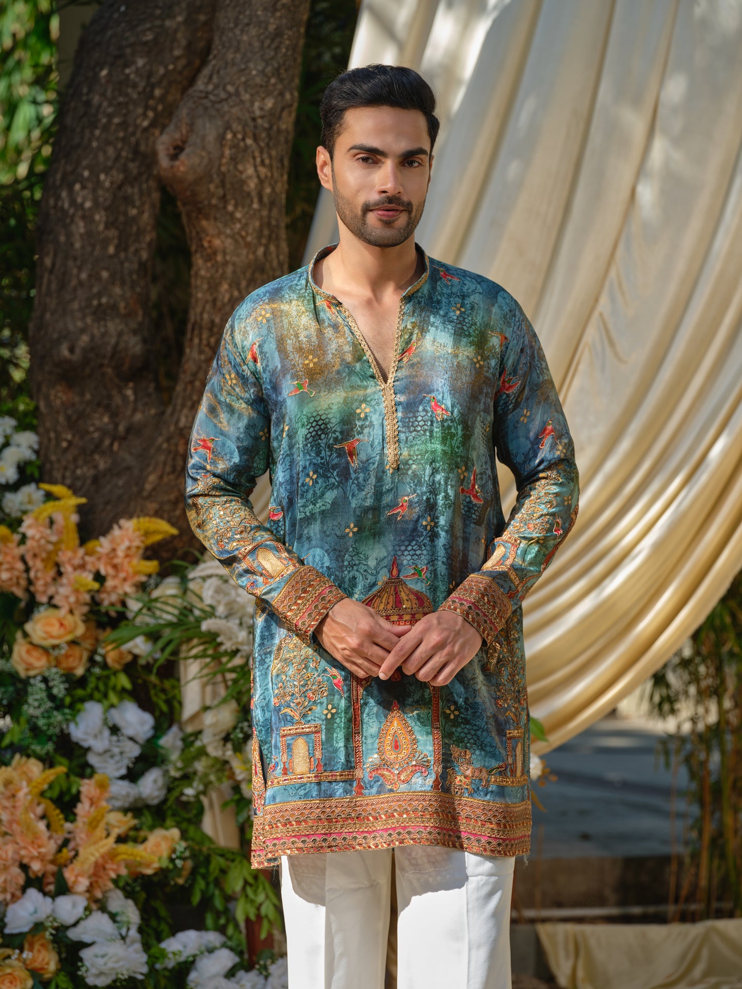 Teal Tissue Kurta–Bottom Set with Zari Position Print