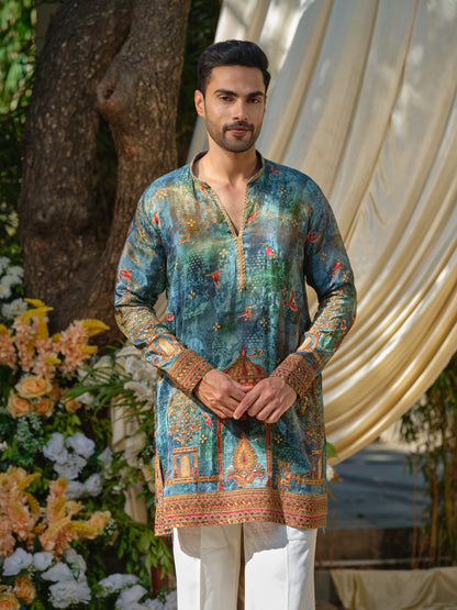 Teal Tissue Kurta–Bottom Set with Zari Position Print