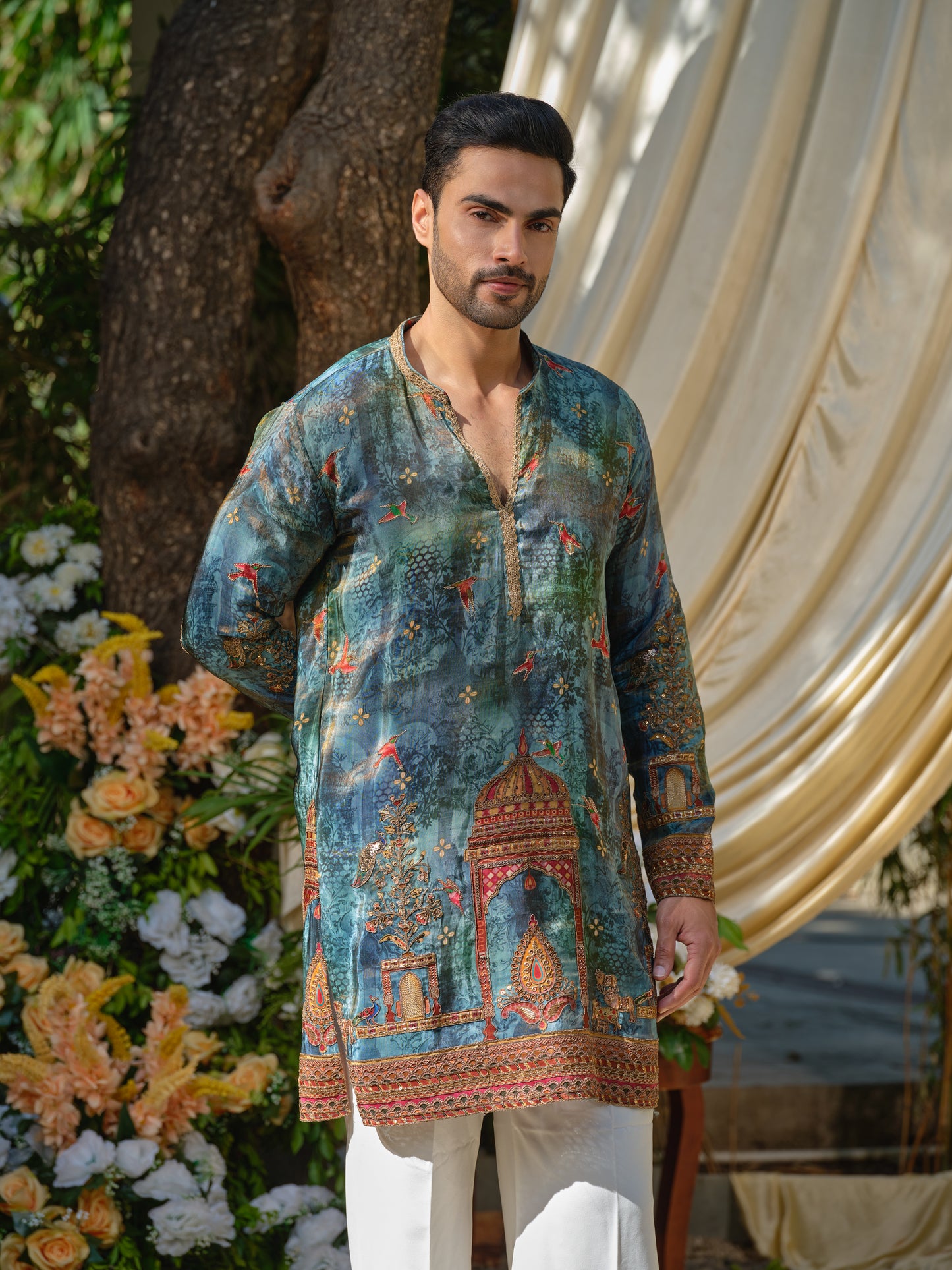 Teal Tissue Kurta–Bottom Set with Zari Position Print