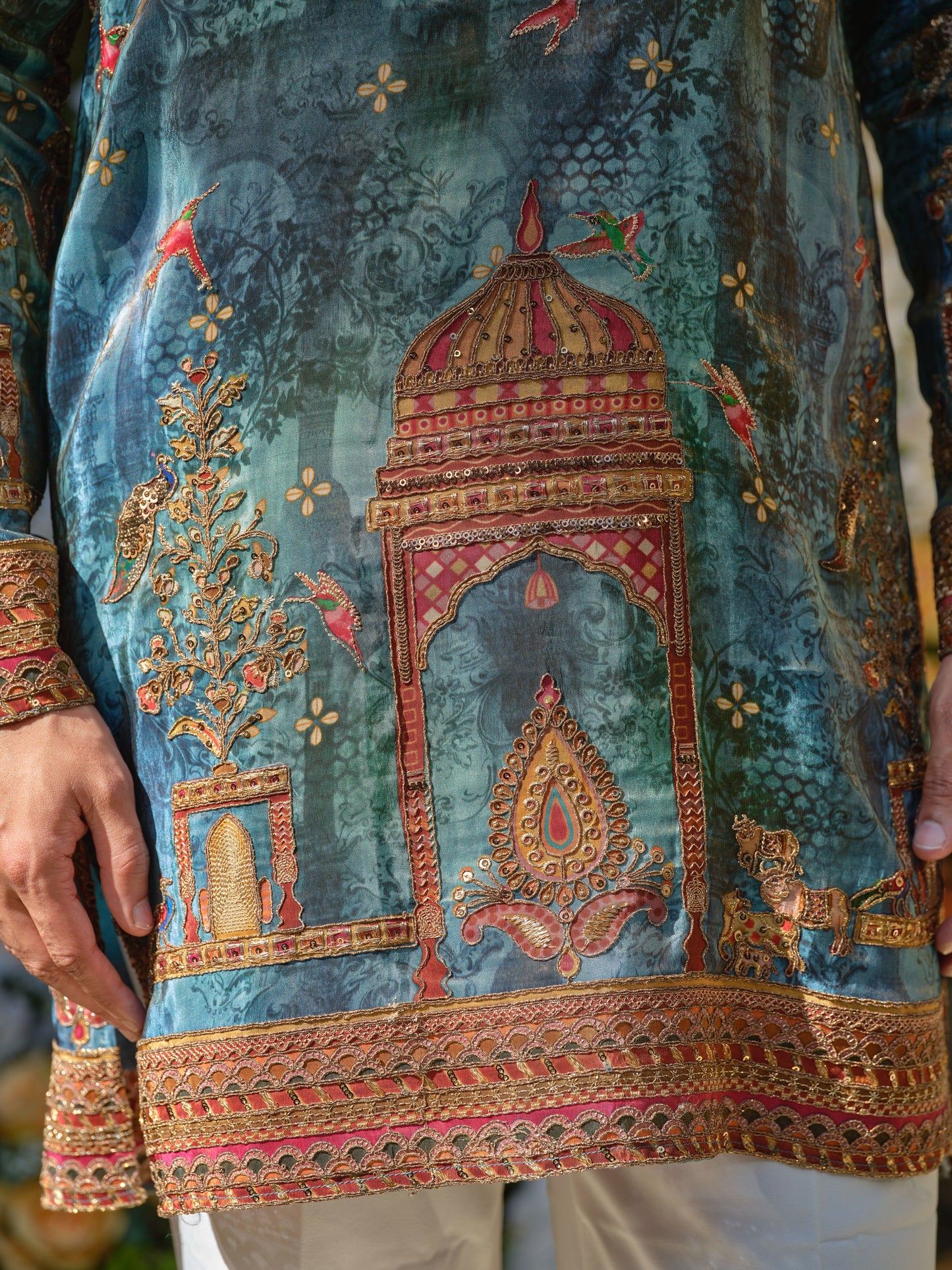 Teal Tissue Kurta–Bottom Set with Zari Position Print