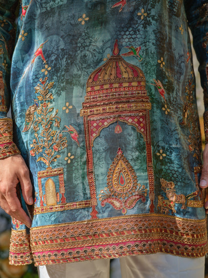 Teal Tissue Kurta–Bottom Set with Zari Position Print