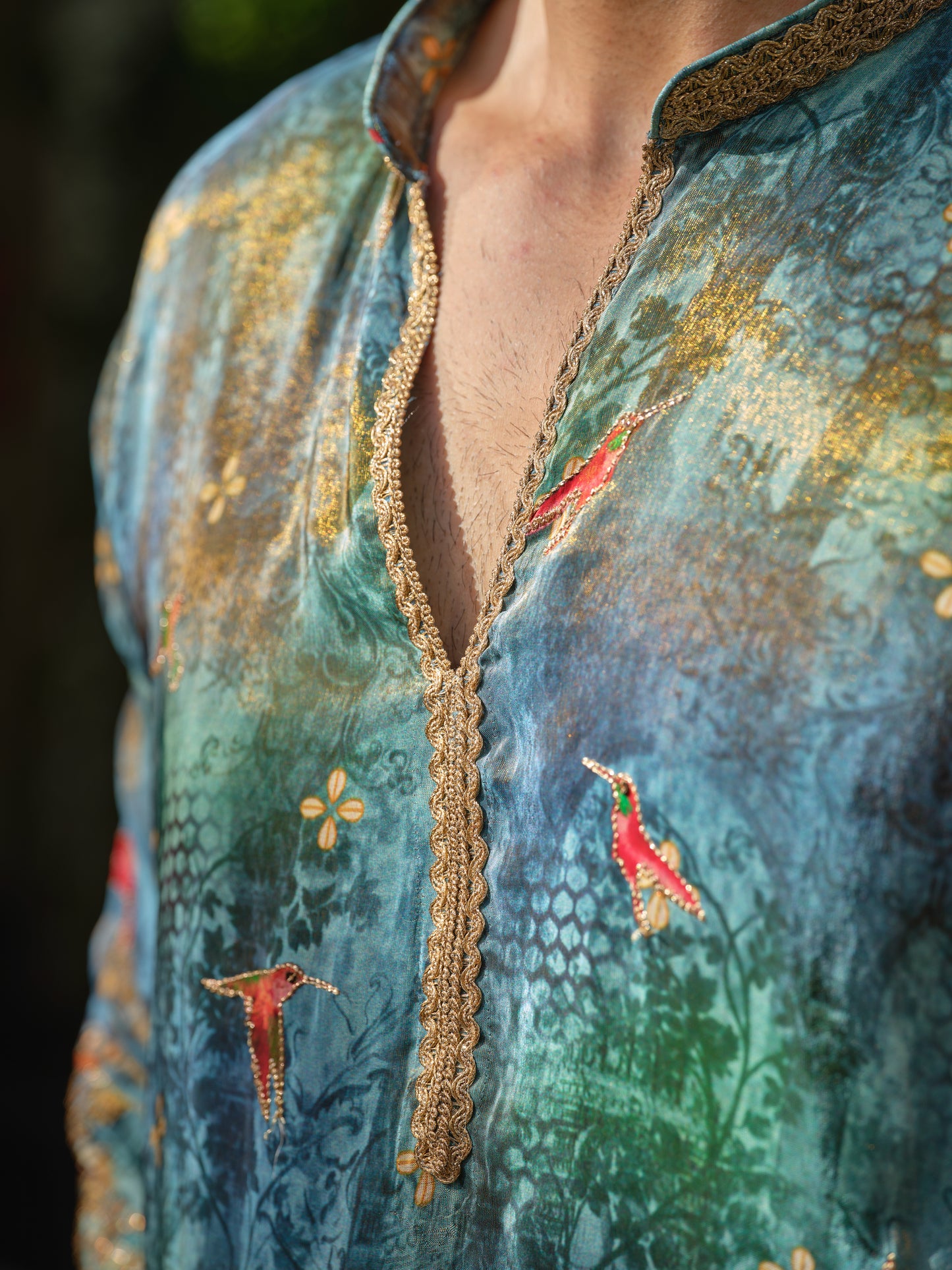 Teal Tissue Kurta–Bottom Set with Zari Position Print