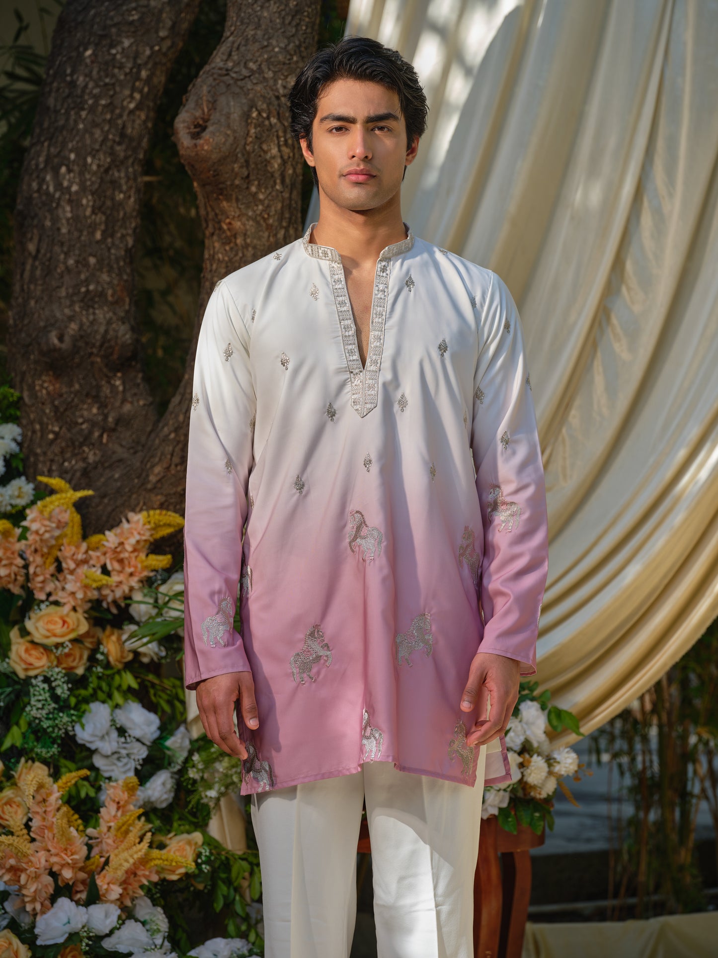 Pink Silk Kurta–Bottom Set with Zari Embroidery