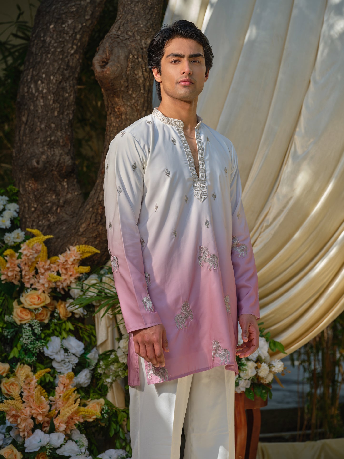 Pink Silk Kurta–Bottom Set with Zari Embroidery