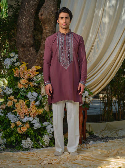 Men’s Dark Mauve Armani Kurta–Bottom Set with Sequins Mirror Work Embroidery