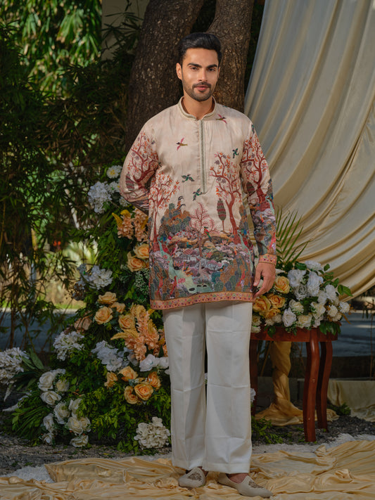 Men’s Cream Viscose Silk Kurta–Bottom Set with Zari Embroidery & Position Print