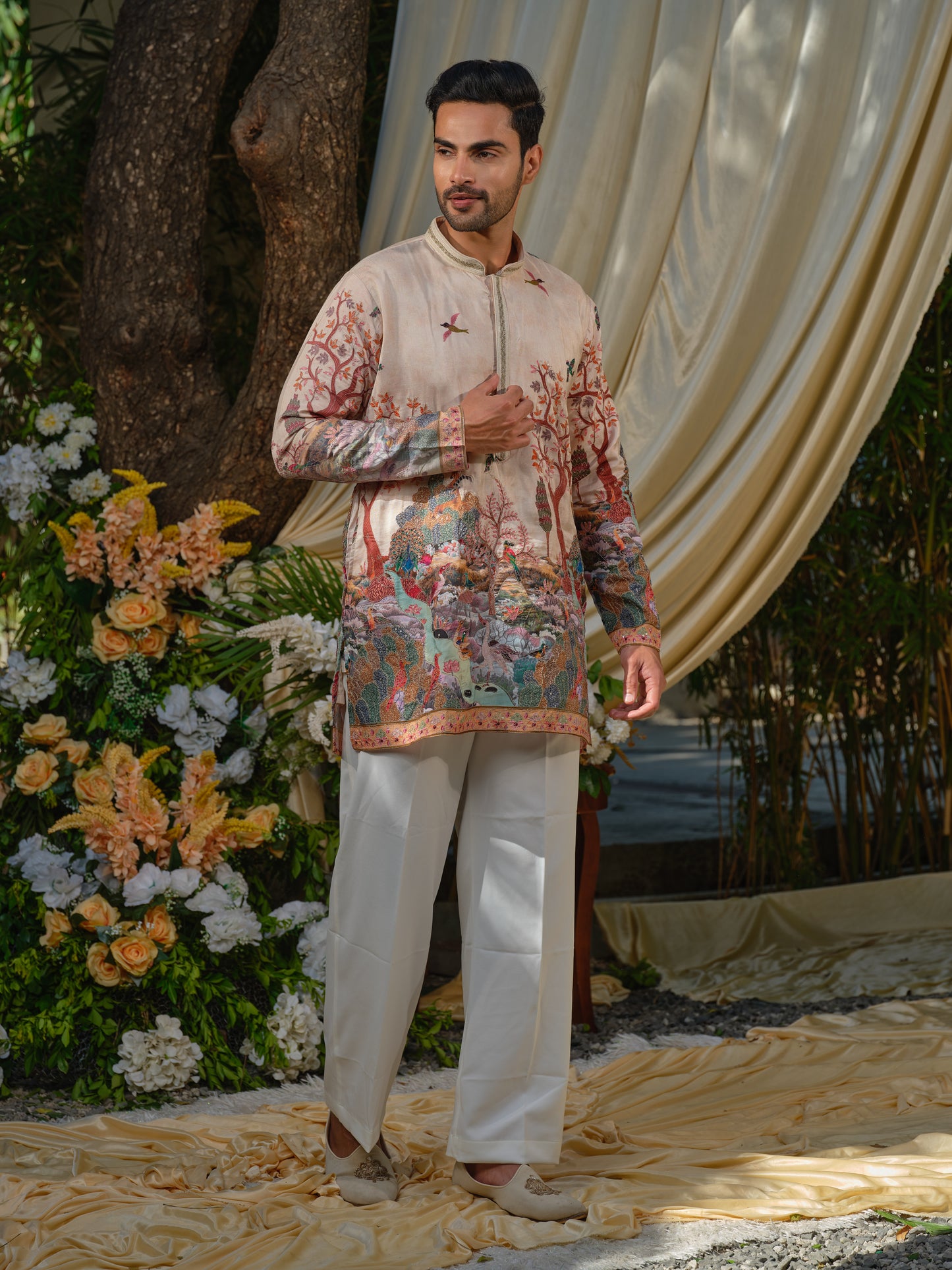 Cream Viscose Silk Kurta–Bottom Set with Zari Embroidery & Position Print