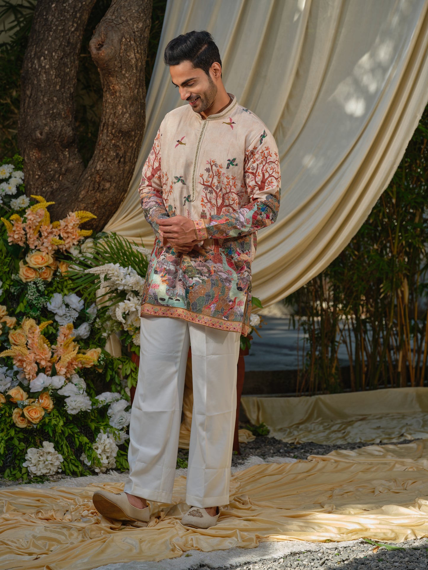 Cream Viscose Silk Kurta–Bottom Set with Zari Embroidery & Position Print