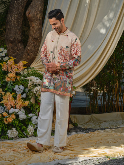 Cream Viscose Silk Kurta–Bottom Set with Zari Embroidery & Position Print