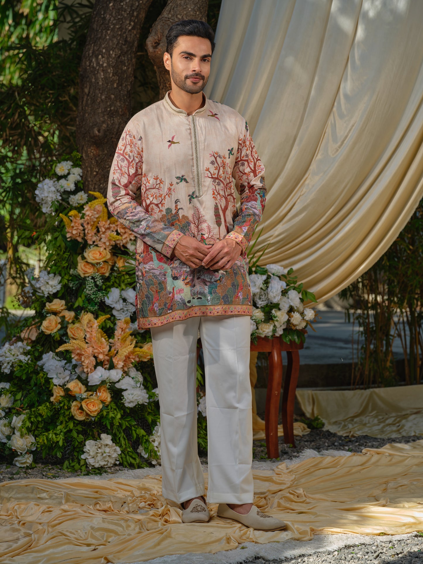 Cream Viscose Silk Kurta–Bottom Set with Zari Embroidery & Position Print