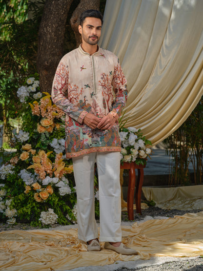 Cream Viscose Silk Kurta–Bottom Set with Zari Embroidery & Position Print