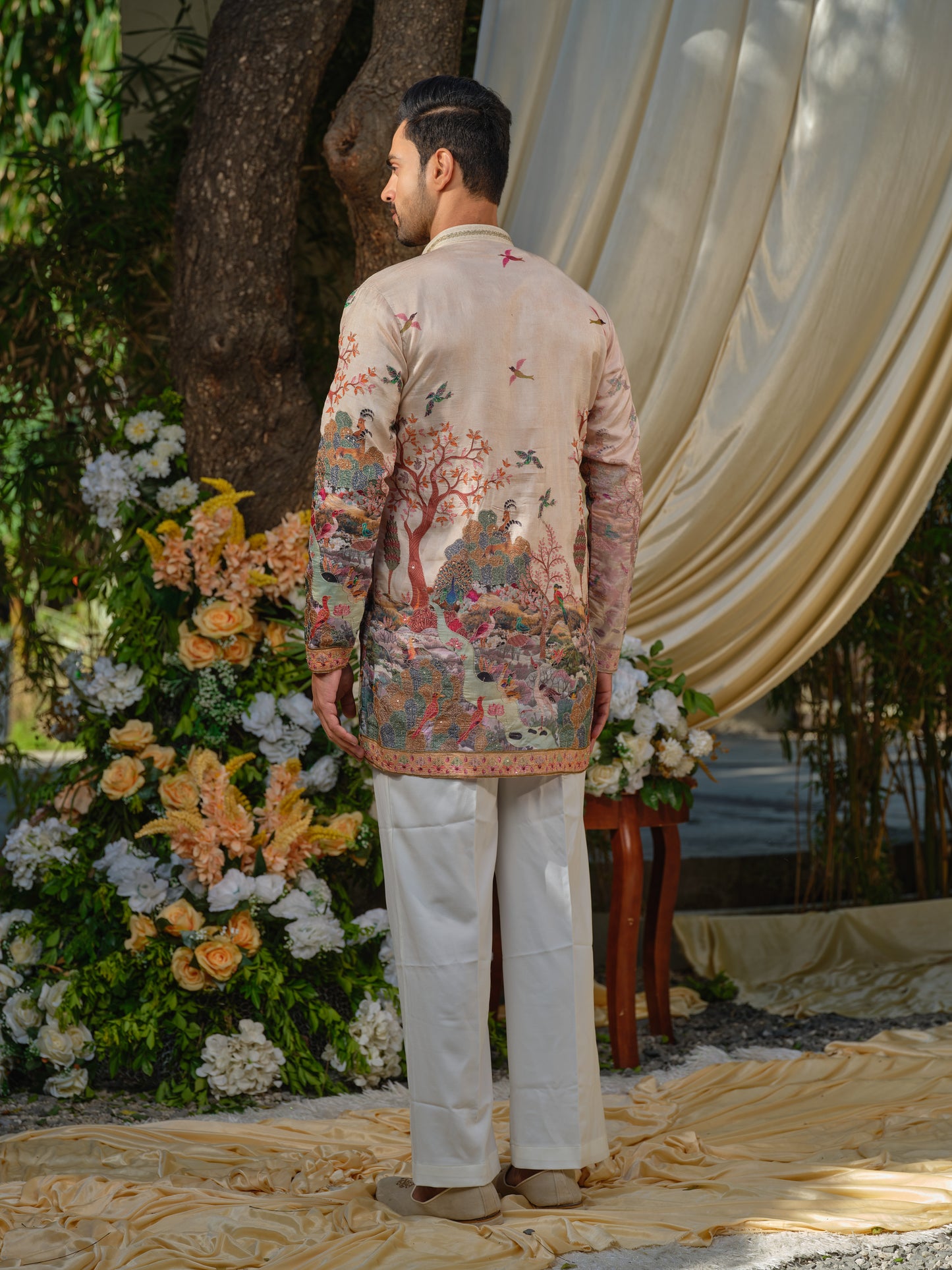 Cream Viscose Silk Kurta–Bottom Set with Zari Embroidery & Position Print