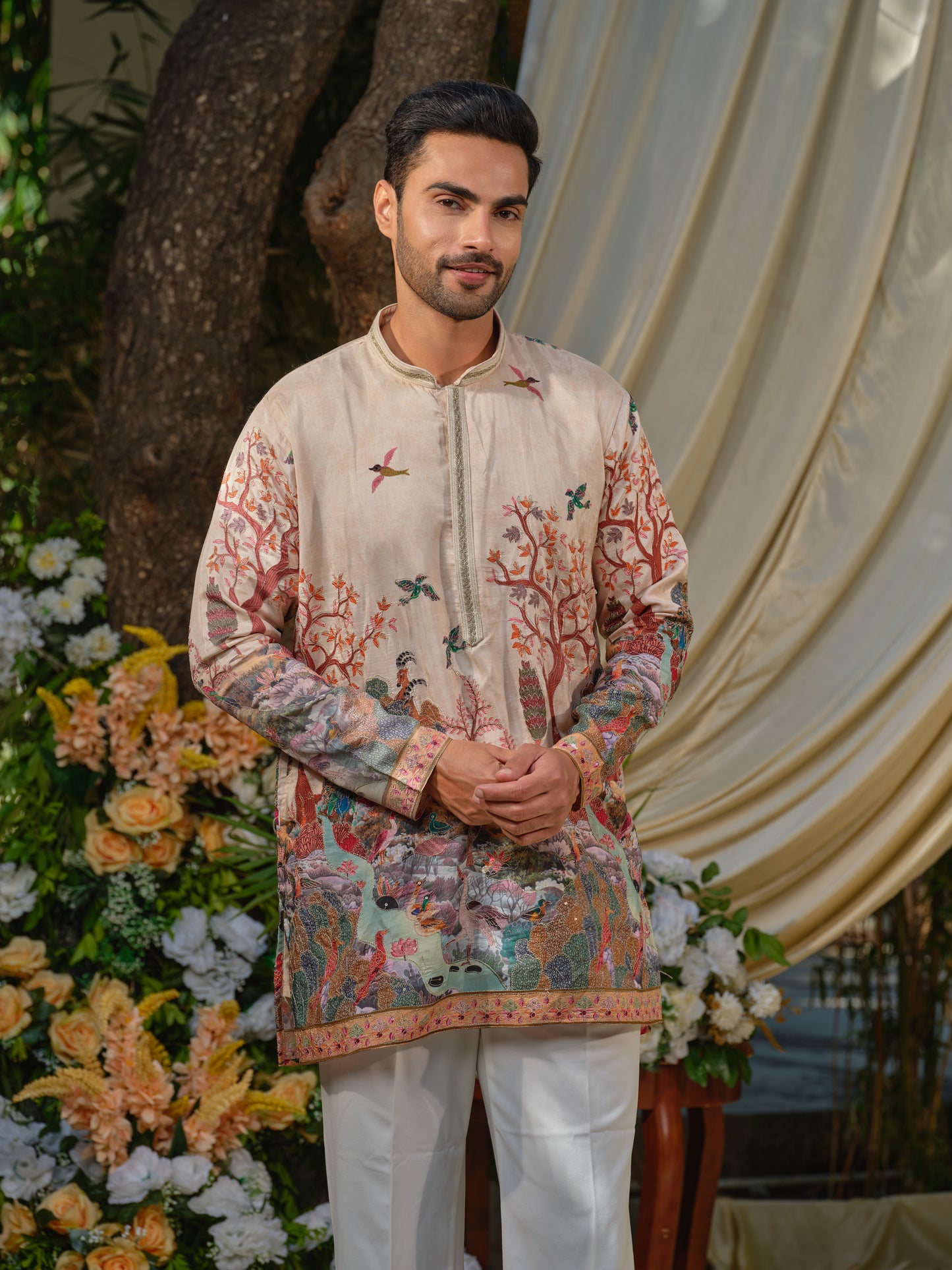 Cream Viscose Silk Kurta–Bottom Set with Zari Embroidery & Position Print