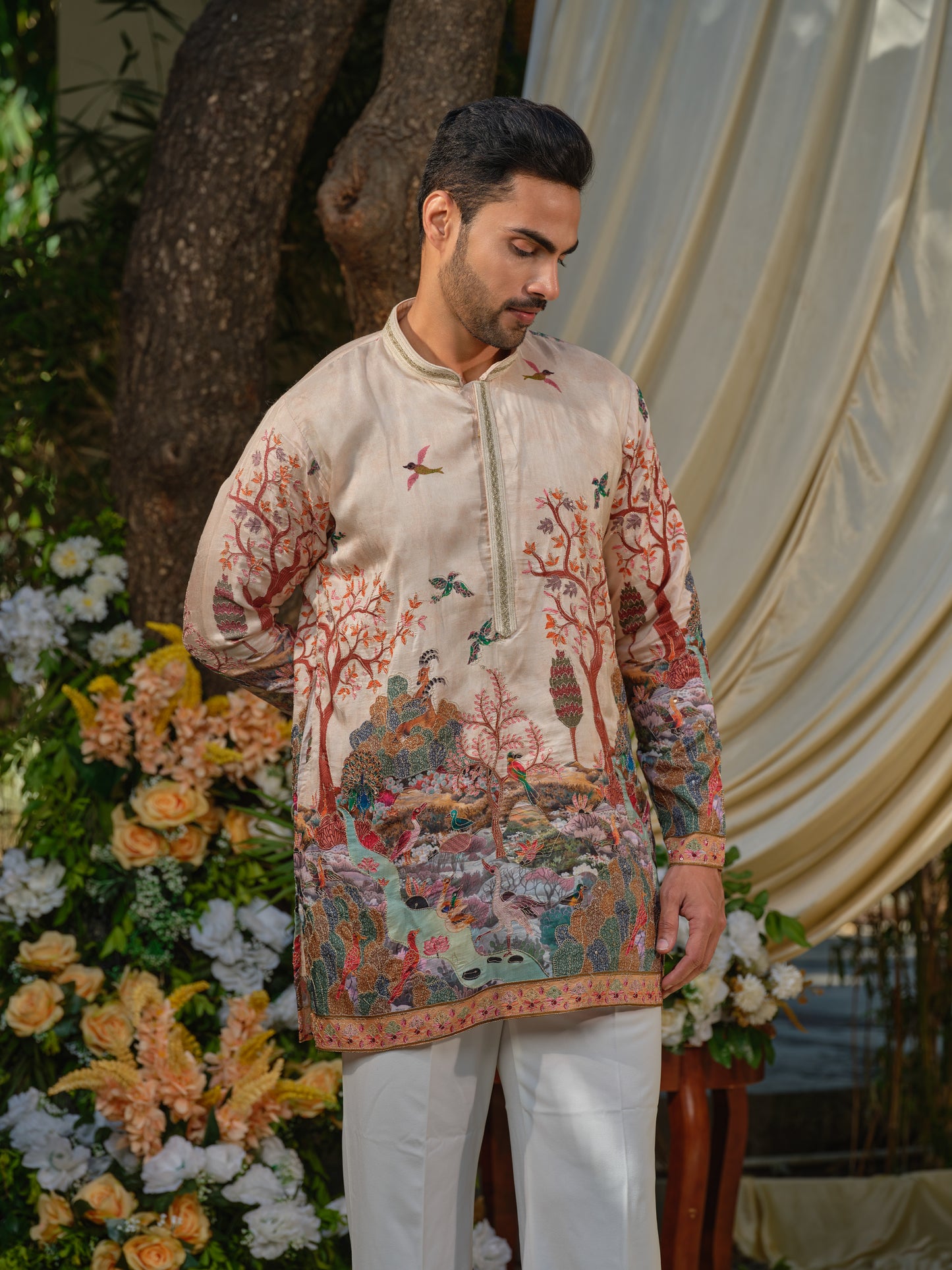 Cream Viscose Silk Kurta–Bottom Set with Zari Embroidery & Position Print