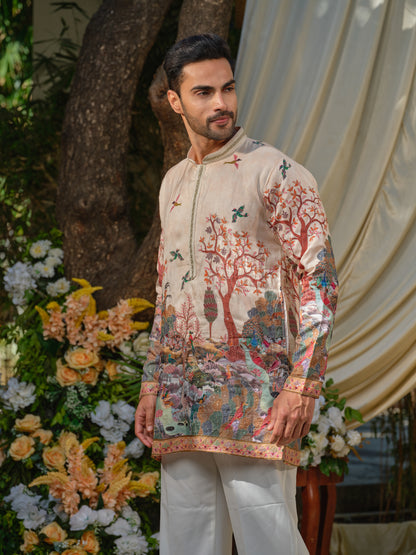 Cream Viscose Silk Kurta–Bottom Set with Zari Embroidery & Position Print