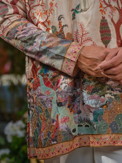 Cream Viscose Silk Kurta–Bottom Set with Zari Embroidery & Position Print