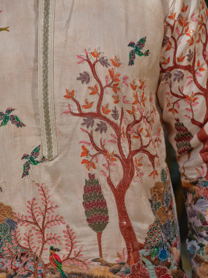 Cream Viscose Silk Kurta–Bottom Set with Zari Embroidery & Position Print