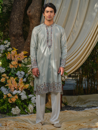 Men’s Silk Kurta–Bottom Set with Thread Work Embroidery