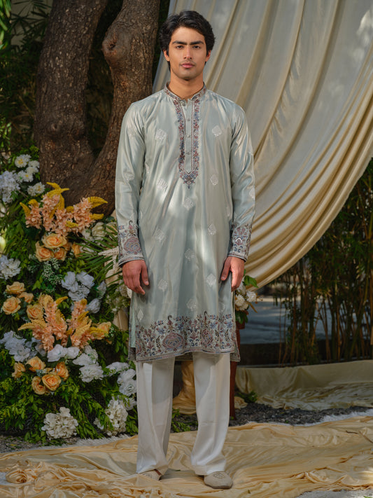 Men’s Silk Kurta–Bottom Set with Thread Work Embroidery