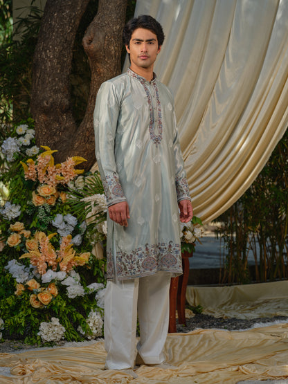 Men’s Silk Kurta–Bottom Set with Thread Work Embroidery