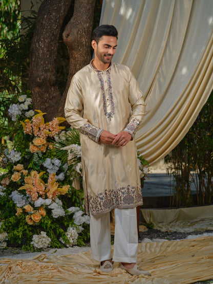 Men’s Silk Kurta–Bottom Set with Thread Work Embroidery