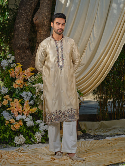 Men’s Silk Kurta–Bottom Set with Thread Work Embroidery