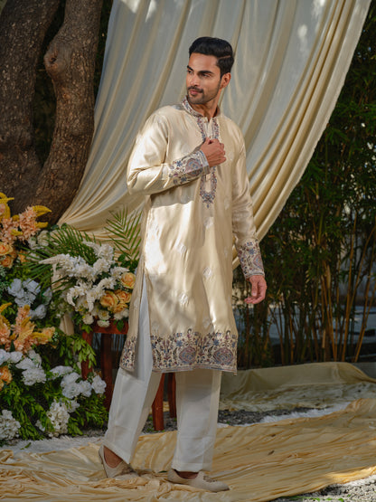 Men’s Silk Kurta–Bottom Set with Thread Work Embroidery