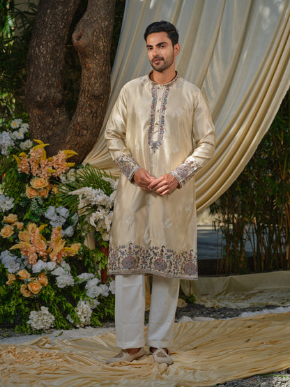 Men’s Silk Kurta–Bottom Set with Thread Work Embroidery