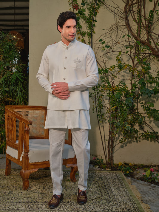 White Linen Blend Jacket–Kurta Set with Embroidered Pocket Detail