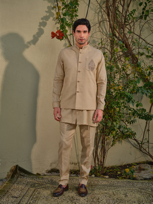 Men’s Cream Linen Blend Jacket-Kurta-Bottom Set with Pocket Embroidery