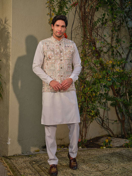 White Georgette Jacket-Kurta-Bottom Set with Multicolour Thread Work & Cording Embroidery