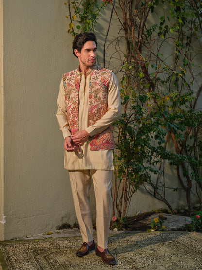 Offwhite Jacket-Kurta-Bottom Set with Dola Silk Position Print & Cording Embroidery