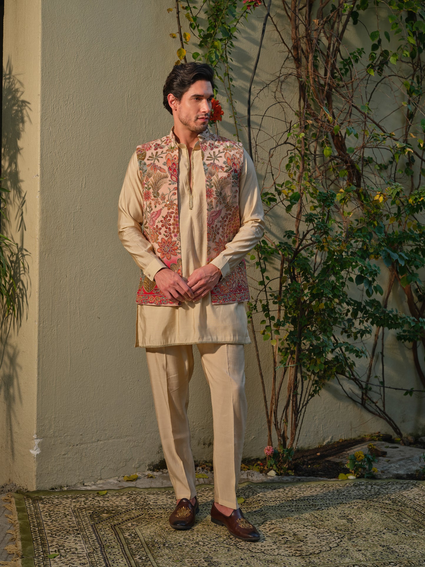 Offwhite Jacket-Kurta-Bottom Set with Dola Silk Position Print & Cording Embroidery