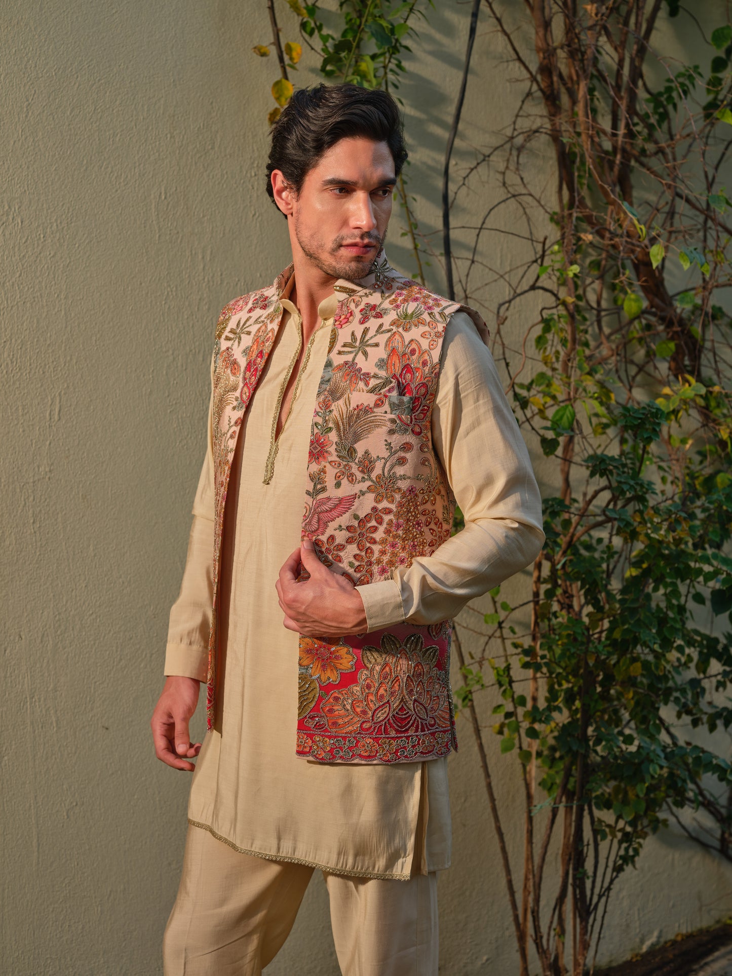Offwhite Jacket-Kurta-Bottom Set with Dola Silk Position Print & Cording Embroidery